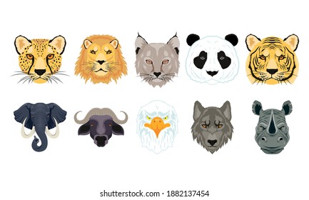 ten wild animals heads fauna characters vector illustration design