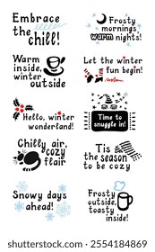 Ten winter doodle lettering. Inspirational handwritten phrases. Vector illustration.