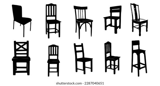 Ten Wooden Chairs Silhouette vector, Chair silhouette vector.