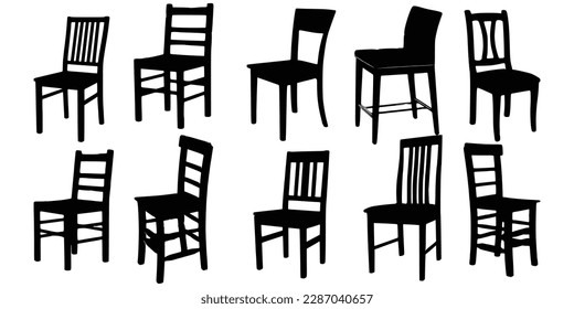 Ten Wooden Chairs Silhouette vector, Chair silhouette vector.