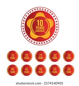 Ten year anniversary white background with golden badges different number set 