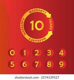 Ten year warranty royalty background with gold badge with red ribbon