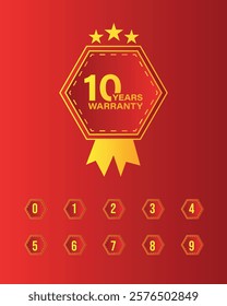 Ten year Warranty royalty free unlimited Collection red background with golden badges