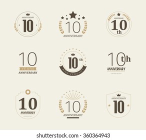 Ten years anniversary celebration logotype. 10th anniversary logo collection.