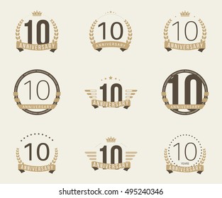 Ten years anniversary celebration logotype. 10th anniversary logo collection.