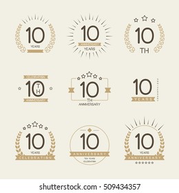 Ten years anniversary celebration logotype. 10th anniversary logo collection.