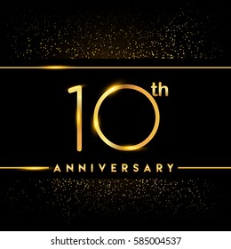 ten years anniversary celebration logotype. 10th anniversary logo with confetti golden colored isolated on black background, vector design for greeting card and invitation card