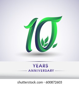 ten years anniversary celebration logotype with leaf and green colored. 10th birthday logo on white background.
