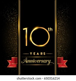 ten years anniversary celebration logotype. 10th anniversary logo with confetti golden colored and red ribbon isolated on black background, vector design for greeting card and invitation card