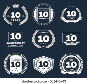 Ten years anniversary logotypes and badges. 10th anniversary logo collection.
