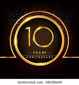 ten years birthday celebration logotype. 10th anniversary logo with confetti and golden ring isolated on black background, vector design for greeting card and invitation card.