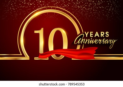 ten years birthday celebration logotype. 10th anniversary logo with confetti and golden ring, red ribbon isolated on red background, vector design for greeting card and invitation card.