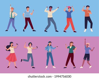 ten young persons dancing characters
