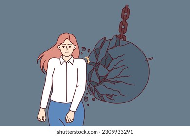 Tenacious businesswoman achieves success without paying attention to giant iron ball hitting back. Brave businesswoman wants to become leader and climb career ladder overcoming all obstacles