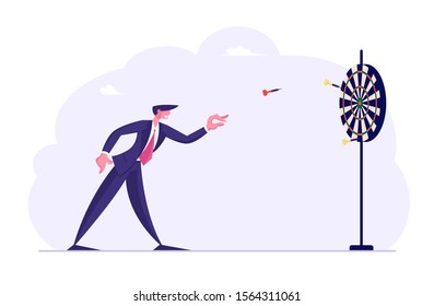 Tenacity in Business Strategy, Goal Setting Concept. Businessman Throwing Darts to Target Center. Aims Achievement Mission, Opportunity and Challenge. Task Solution. Cartoon Flat Vector Illustration