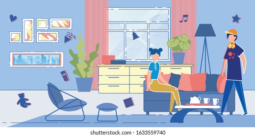 Tenagers Boy and Girl Resting, Communicating and Spending Time Together after School Classes. School Years Friendship and Good Relationships between Classmates at Free Time. Flat Vector Illustration.