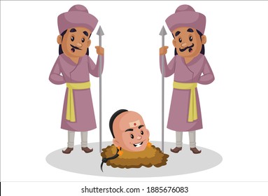 Tenali Rama Is Buried Under The Ground And Two Guards Are Laughing At Him. Vector Graphic Illustration. Individually On A White Background.