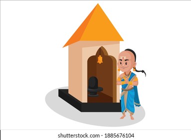 Tenali Ramakrishna is standing at the temple with greet hands. Vector graphic illustration. Individually on a white background.