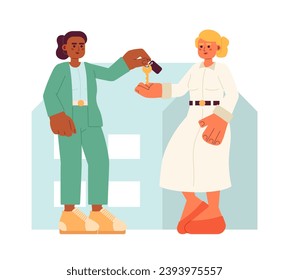 Tenant landlord handing over key 2D illustration concept. Black female home seller, woman buyer house isolated cartoon characters, white background. Agreement metaphor abstract flat vector graphic