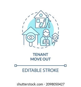 Tenant move out turquoise concept icon. Property management work abstract idea thin line illustration. Isolated outline drawing. Editable stroke. Roboto-Medium, Myriad Pro-Bold fonts used