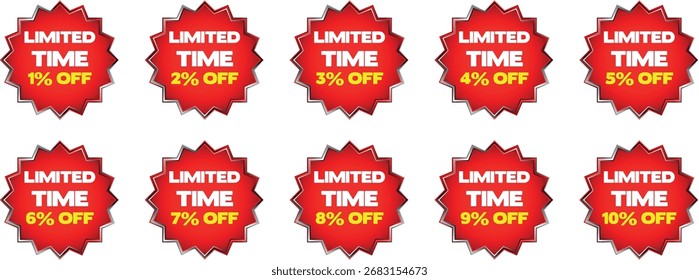 Tenare arranged in two rows. Each badge features the text "SEASONAL DISCOUNT" in yellow and white, followed by a percentage discount from 91% to 100% in yellow. The badges have a metallic silver and b