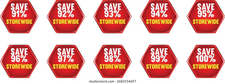 Tenare arranjado em duas fileiras. Cada emblema apresenta o texto "DESCONTO SAZONAL" em amarelo e branco, seguido por um desconto percentual de 91% a 100% em amarelo. Os emblemas têm uma prata metálica e b