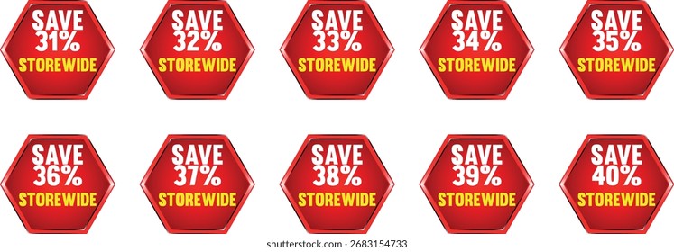 Tenare arranged in two rows. Each badge features the text "SEASONAL DISCOUNT" in yellow and white, followed by a percentage discount from 91% to 100% in yellow. The badges have a metallic silver and b