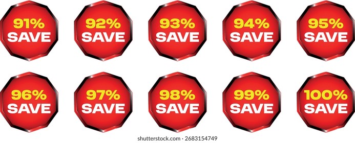 Tenare arranged in two rows. Each badge features the text "SEASONAL DISCOUNT" in yellow and white, followed by a percentage discount from 91% to 100% in yellow. The badges have a metallic silver and b