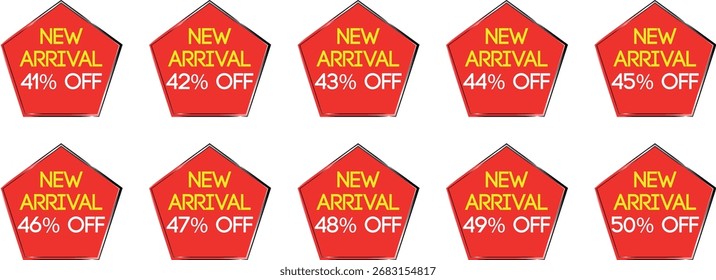 Tenare arranged in two rows. Each badge features the text "SEASONAL DISCOUNT" in yellow and white, followed by a percentage discount from 91% to 100% in yellow. The badges have a metallic silver and b