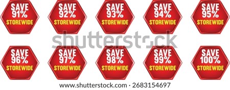 Tenare arranged in two rows. Each badge features the text "SEASONAL DISCOUNT" in yellow and white, followed by a percentage discount from 91% to 100% in yellow. The badges have a metallic silver and b