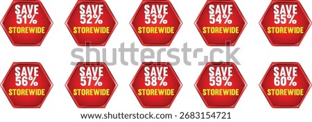 Tenare arranged in two rows. Each badge features the text "SEASONAL DISCOUNT" in yellow and white, followed by a percentage discount from 91% to 100% in yellow. The badges have a metallic silver and b
