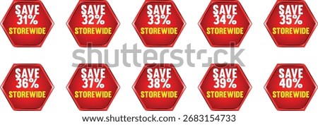 Tenare arranged in two rows. Each badge features the text "SEASONAL DISCOUNT" in yellow and white, followed by a percentage discount from 91% to 100% in yellow. The badges have a metallic silver and b