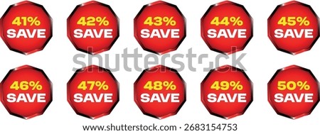 Tenare arranged in two rows. Each badge features the text "SEASONAL DISCOUNT" in yellow and white, followed by a percentage discount from 91% to 100% in yellow. The badges have a metallic silver and b