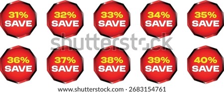 Tenare arranged in two rows. Each badge features the text "SEASONAL DISCOUNT" in yellow and white, followed by a percentage discount from 91% to 100% in yellow. The badges have a metallic silver and b