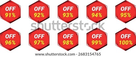 Tenare arranged in two rows. Each badge features the text "SEASONAL DISCOUNT" in yellow and white, followed by a percentage discount from 91% to 100% in yellow. The badges have a metallic silver and b