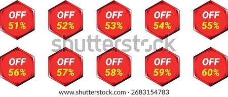 Tenare arranged in two rows. Each badge features the text "SEASONAL DISCOUNT" in yellow and white, followed by a percentage discount from 91% to 100% in yellow. The badges have a metallic silver and b