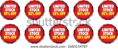 Tenare arranged in two rows. Each badge features the text "SEASONAL DISCOUNT" in yellow and white, followed by a percentage discount from 91% to 100% in yellow. The badges have a metallic silver and b
