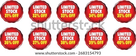 Tenare arranged in two rows. Each badge features the text "SEASONAL DISCOUNT" in yellow and white, followed by a percentage discount from 91% to 100% in yellow. The badges have a metallic silver and b