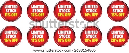 Tenare arranged in two rows. Each badge features the text "SEASONAL DISCOUNT" in yellow and white, followed by a percentage discount from 91% to 100% in yellow. The badges have a metallic silver and b