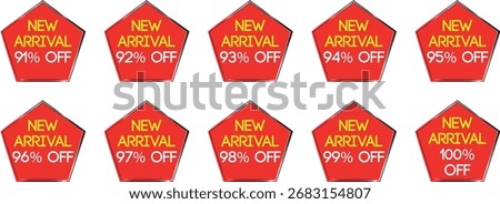 Tenare arranged in two rows. Each badge features the text "SEASONAL DISCOUNT" in yellow and white, followed by a percentage discount from 91% to 100% in yellow. The badges have a metallic silver and b