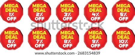 Tenare arranged in two rows. Each badge features the text "SEASONAL DISCOUNT" in yellow and white, followed by a percentage discount from 91% to 100% in yellow. The badges have a metallic silver and b