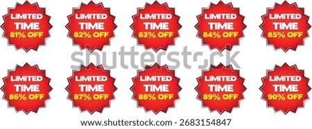 Tenare arranged in two rows. Each badge features the text "SEASONAL DISCOUNT" in yellow and white, followed by a percentage discount from 91% to 100% in yellow. The badges have a metallic silver and b