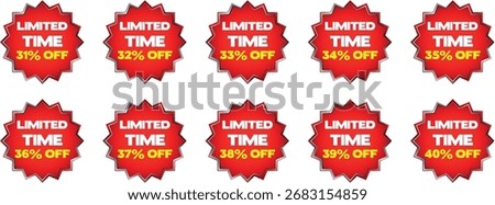Tenare arranged in two rows. Each badge features the text "SEASONAL DISCOUNT" in yellow and white, followed by a percentage discount from 91% to 100% in yellow. The badges have a metallic silver and b
