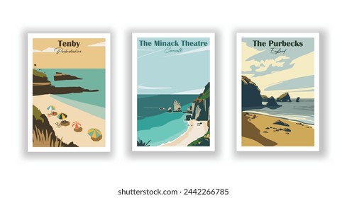 Tenby, Pembrokeshire. The Minack Theatre, Cornwall. The Purbecks, England - Set of 3 Vintage Travel Posters. Vector illustration. High Quality Prints