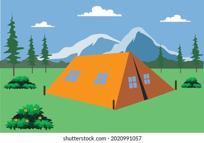 Tend on the camping ground. beautiful forest  - Vector