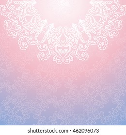 Tender abstract shiny background with circular ornate decoration. Lace mandala on pink and blue background. Template for wedding invitation or greeting card. Vector Eps 10