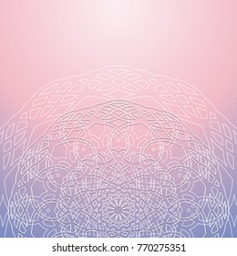 Tender abstract shiny background with round ornate decoration. Lace mandala on pink and blue background. Template for wedding invitation or greeting card. Vector illustration