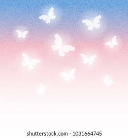Tender abstract shiny background with transparent butterflies on lacy ornate pattern. Template for web, wrapping paper, invitations, cards. Vector illustration