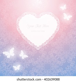 Tender abstract shiny background with transparent butterflies and lacy ornamental heart shaped frame. Vector Eps 10