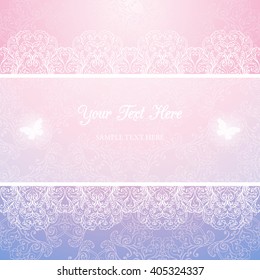 Tender abstract shiny background with  transparent lacy ornamental border and butterflies. Template for your design. Vector Eps 10
